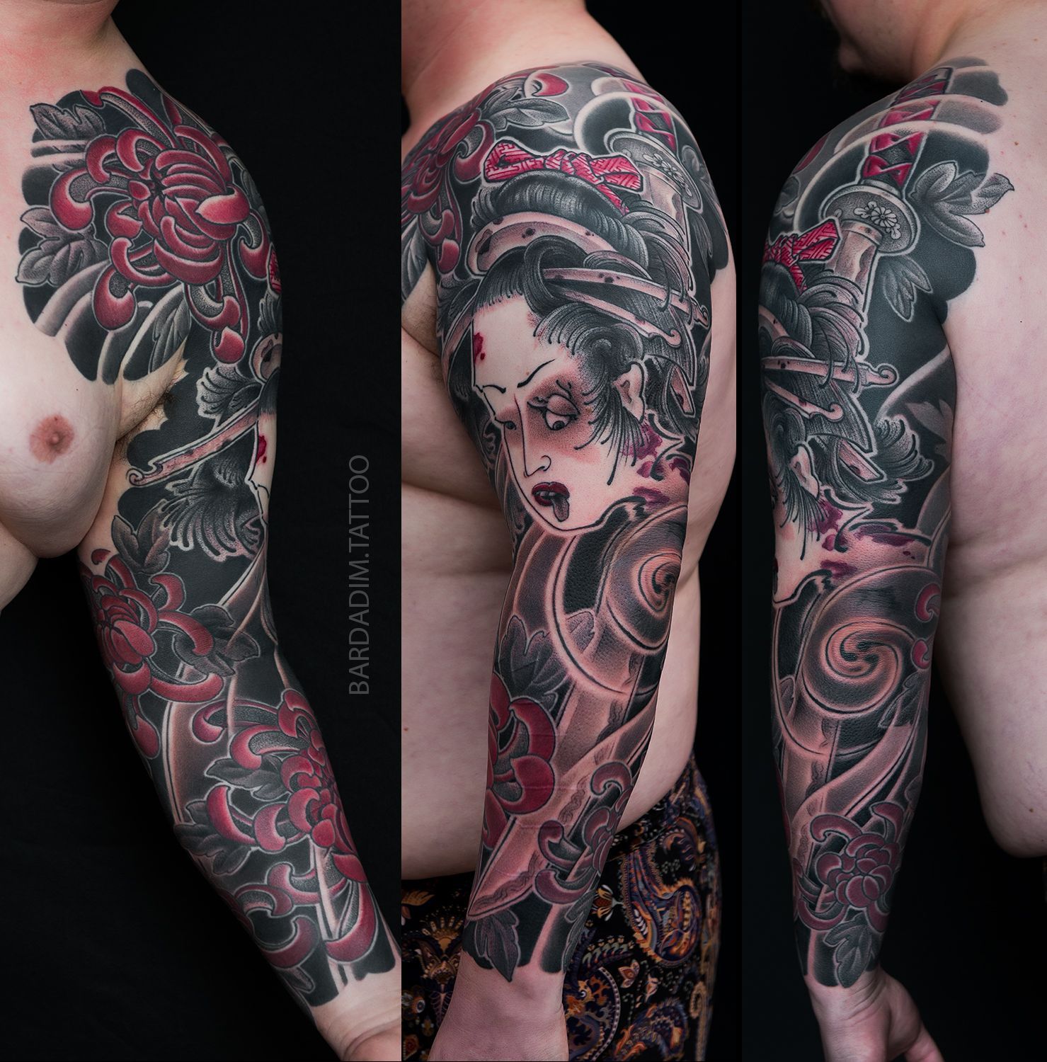 Tattoo sleeve on a person's arm, featuring a geisha, flowers, and swirling black and red designs.