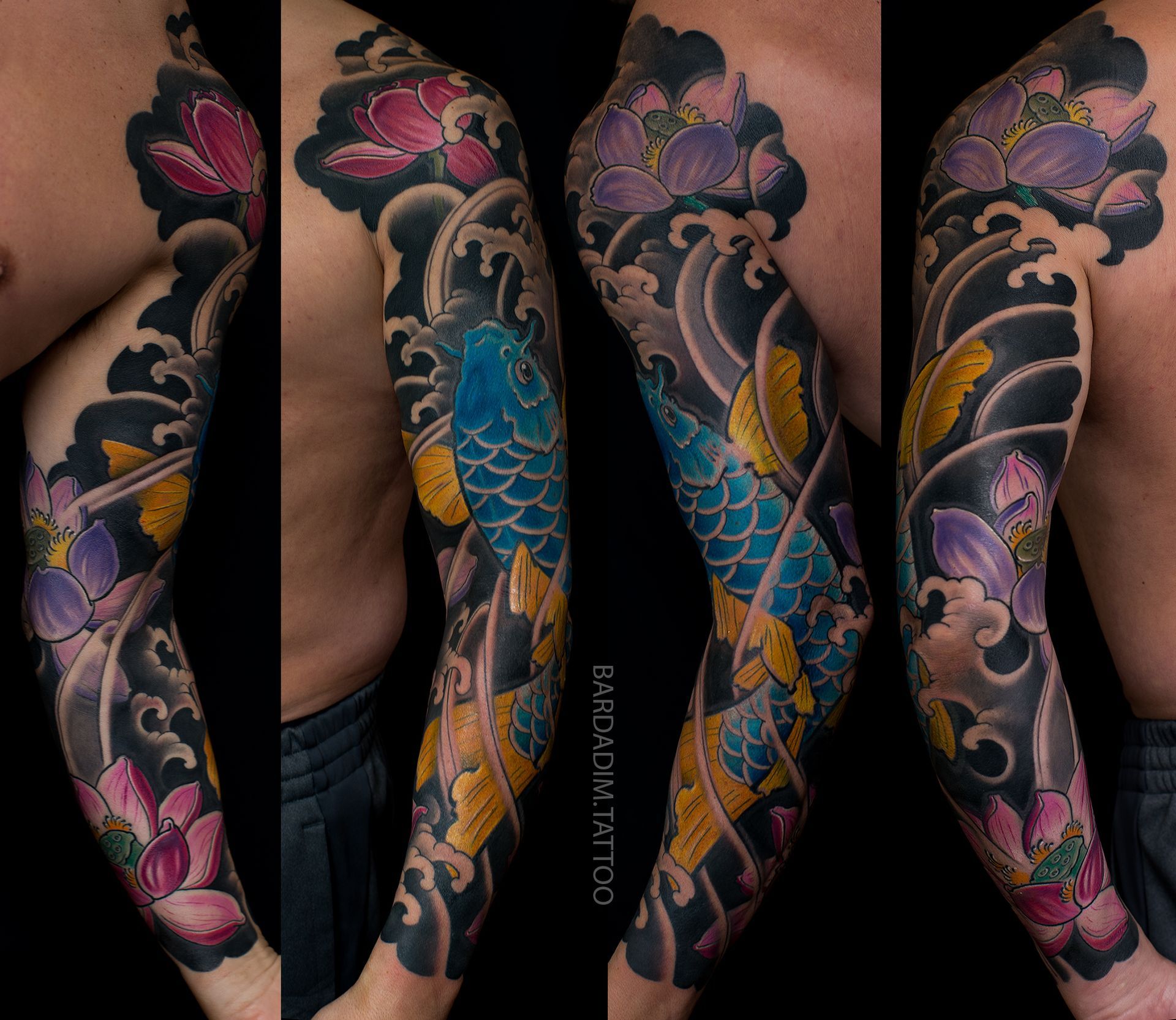 Tattoo of a koi fish in blue and yellow swimming amidst lotus flowers and waves on a person's arm.