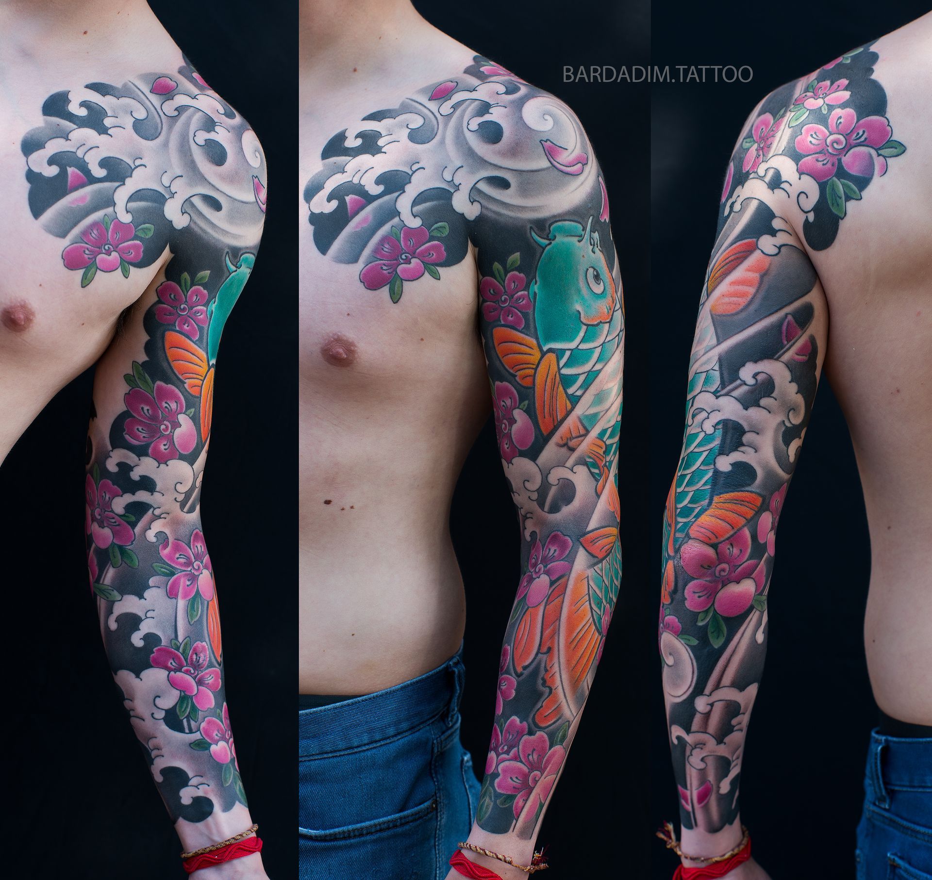 Tattoo sleeve depicting koi fish, cherry blossoms, and waves on a man's arm and chest. Predominant colors are black, orange, and pink.