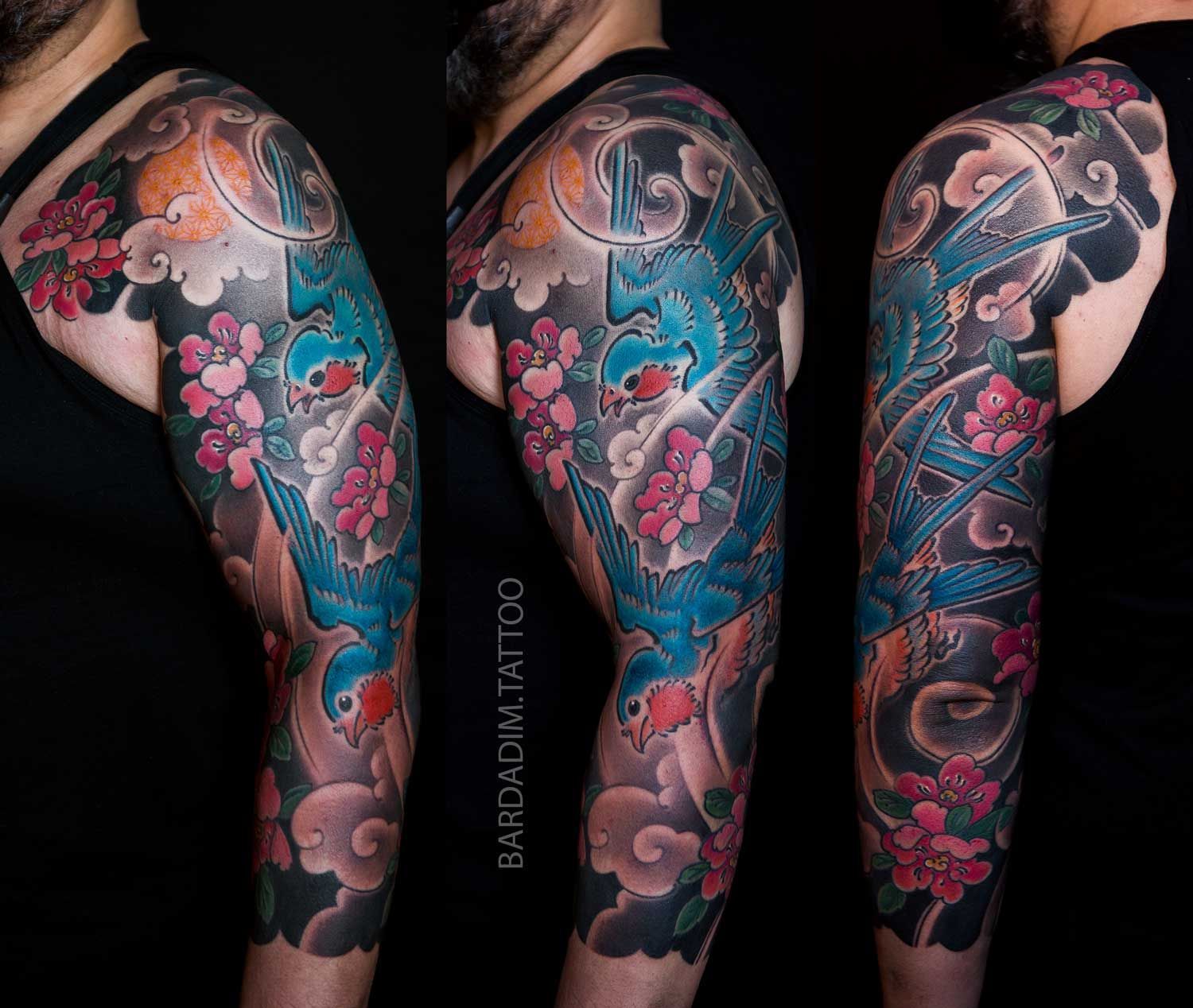 Arm tattoo with blue bird, pink flowers, and gray clouds.