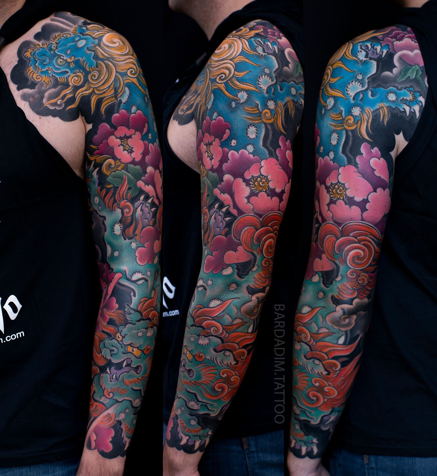 Colorful Japanese-style sleeve tattoo with flowers, clouds, and a mythical creature.