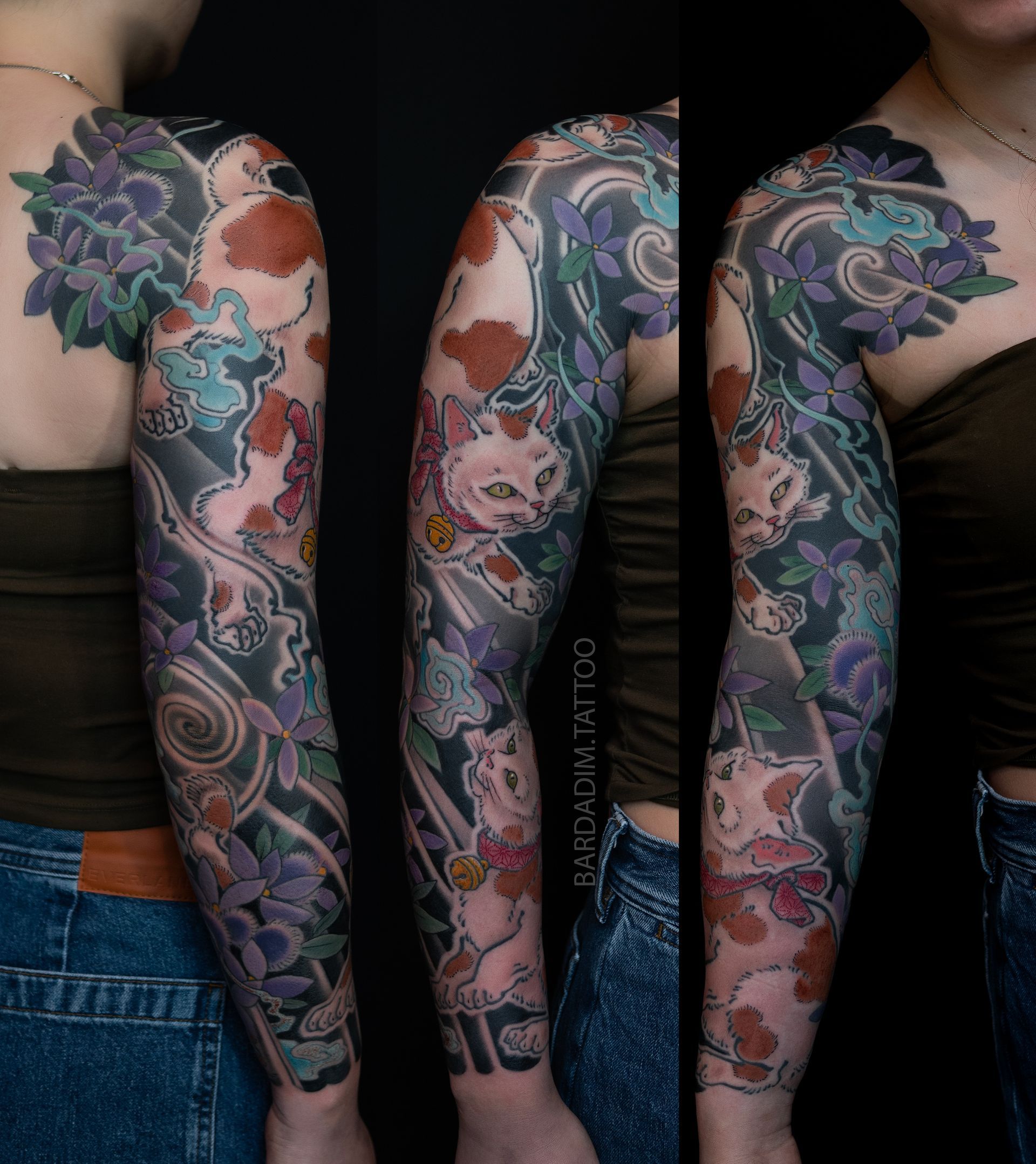 Complete Japanese full sleeve tattoo with twin monster cats, fireballs, and mountain hydrangea