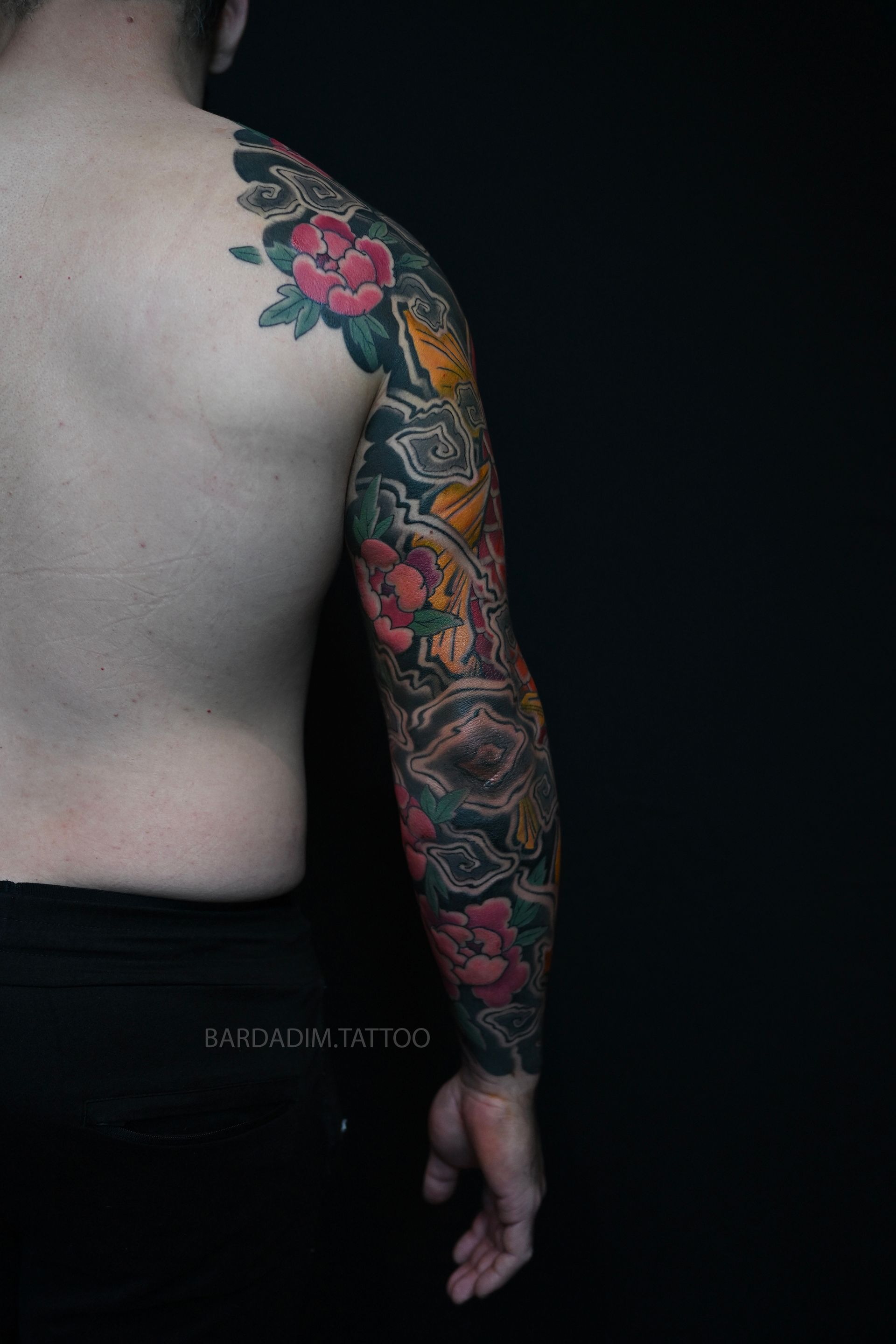 Peony and background detail in Japanese sleeve tattoo