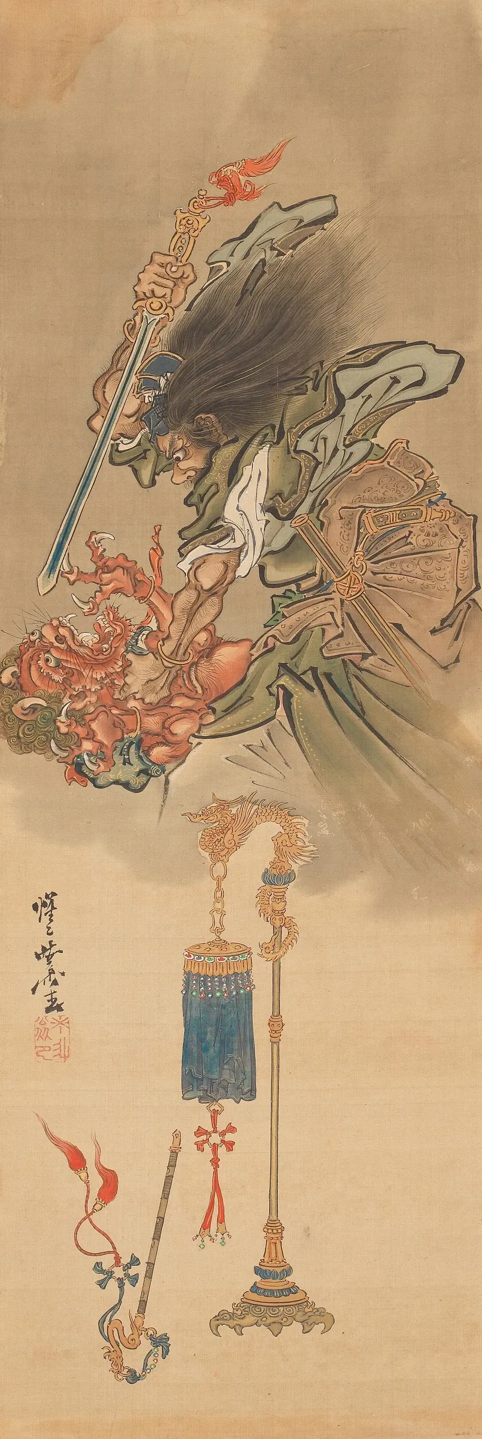 Japanese painting of a deity with elaborate floral decorations and a blue lantern.