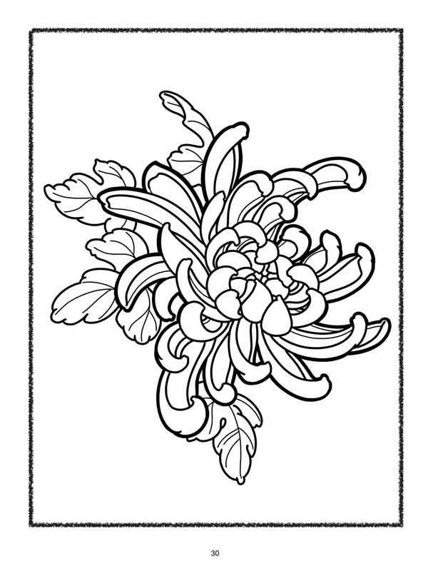 Traditional kiku chrysanthemum tattoo flash with layered petal composition