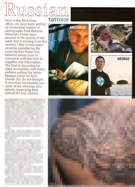 A magazine article about russian tattoos with a picture of a man getting a tattoo