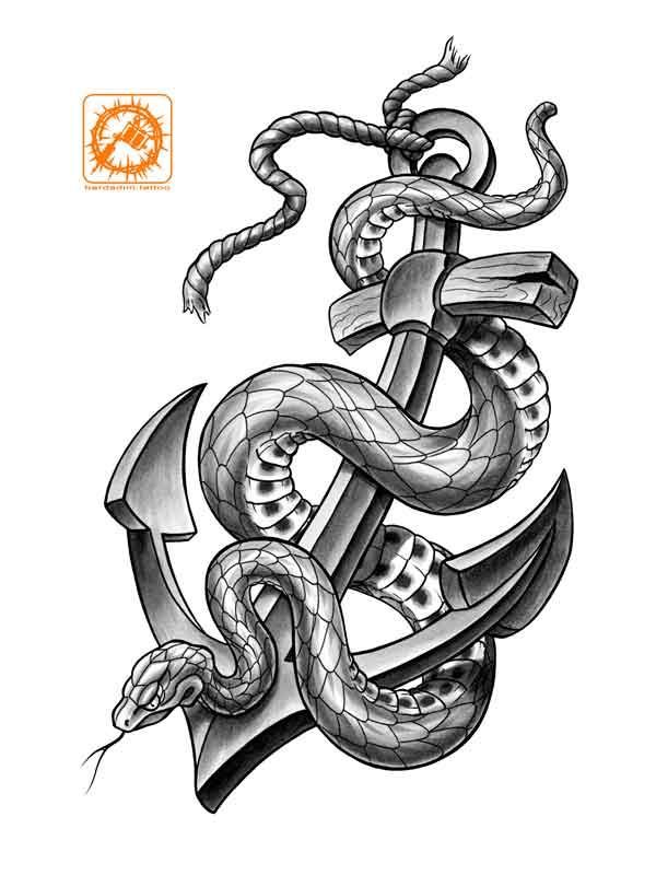 Alt text:
Black and grey snake tattoo flash design wrapped around an anchor