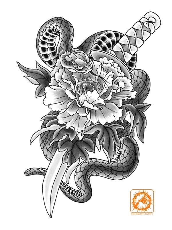 Traditional snake tattoo flash with chrysanthemum and dagger in black and grey