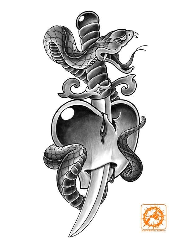 Black and grey snake tattoo flash with pierced heart and dagger
