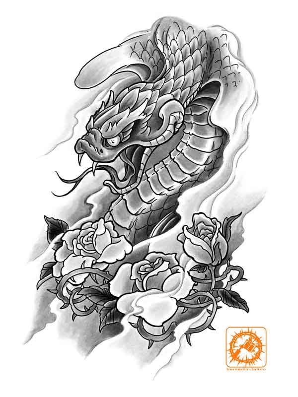 Traditional black and grey snake tattoo flash with floral composition