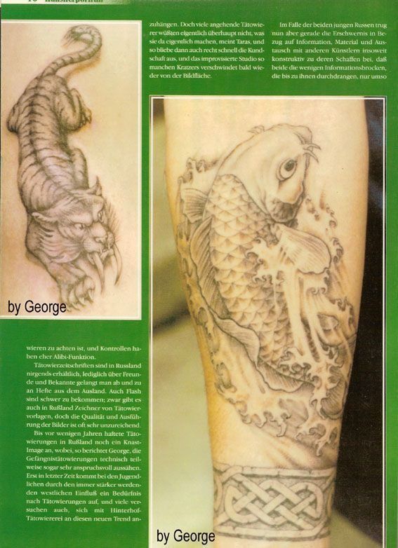 A tattoo of a dragon and a tattoo of a fish by george