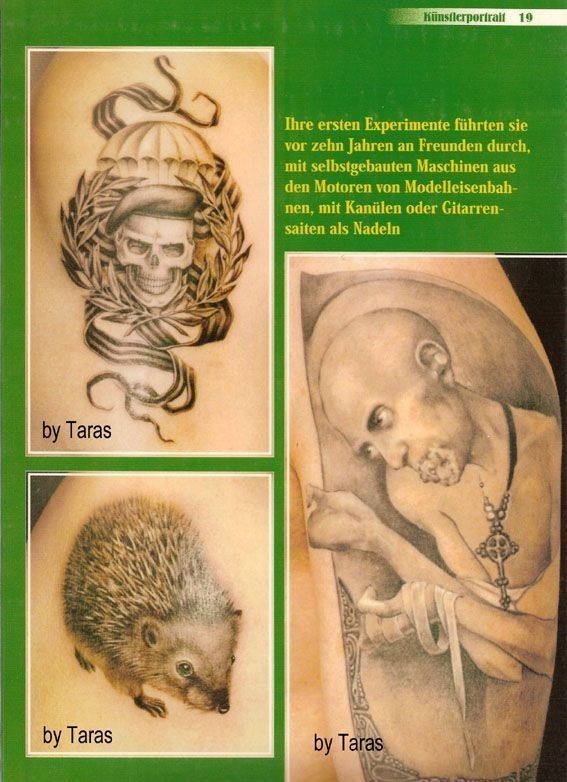 A skull and a hedgehog tattoo on a person 's arm