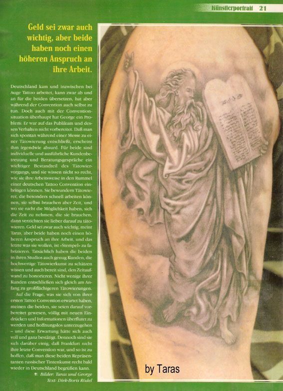 A man has a tattoo of a man holding a bible on his arm