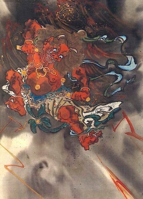 A painting of a demon flying through the air