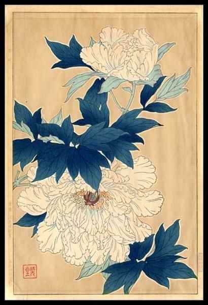 A painting of white flowers with blue leaves