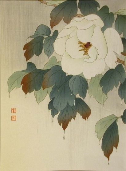 A painting of a white flower with green leaves