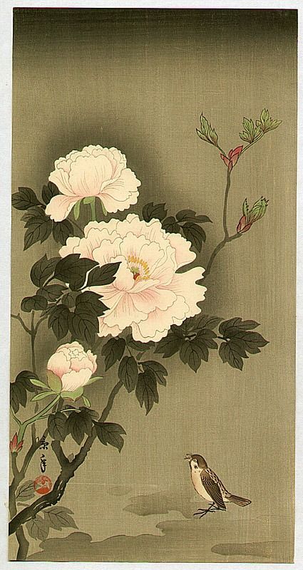 A painting of flowers and a bird on a branch.