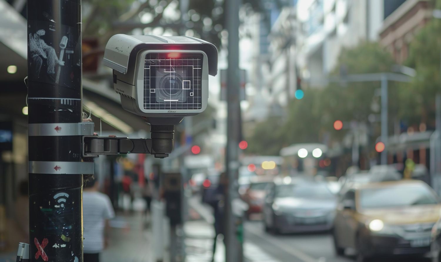Surveillance camera on a city street, observing pedestrians and traffic.