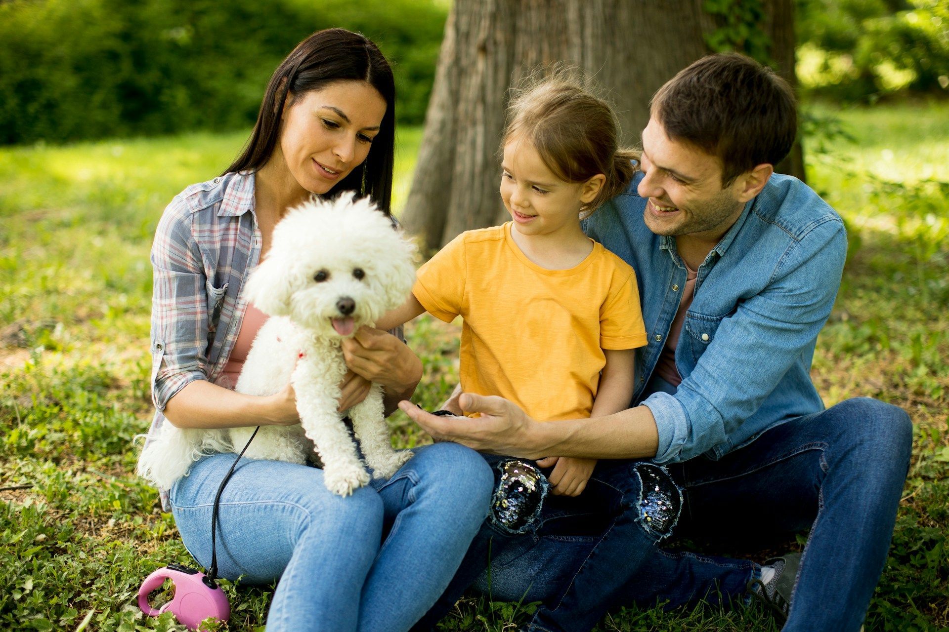 Family with a white dog, sitting on grass in a park, smiling.