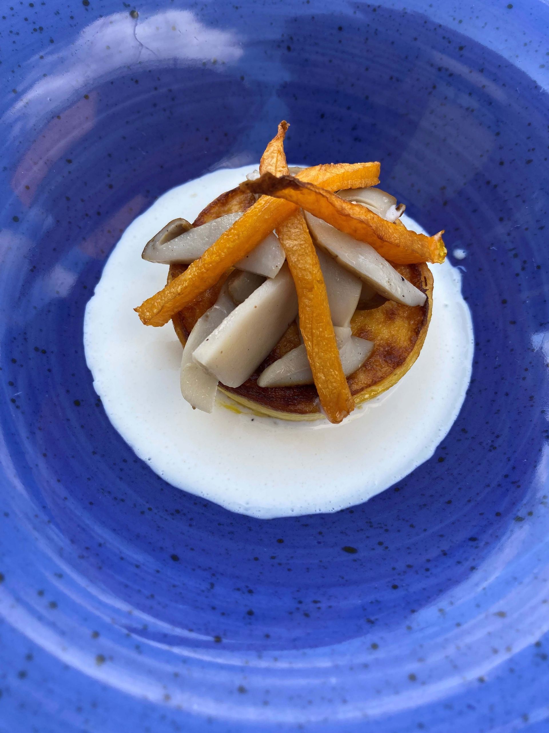 Pancake giallo guarnito con funghi bianchi e carote arancioni in una ciotola blu con salsa bianca.