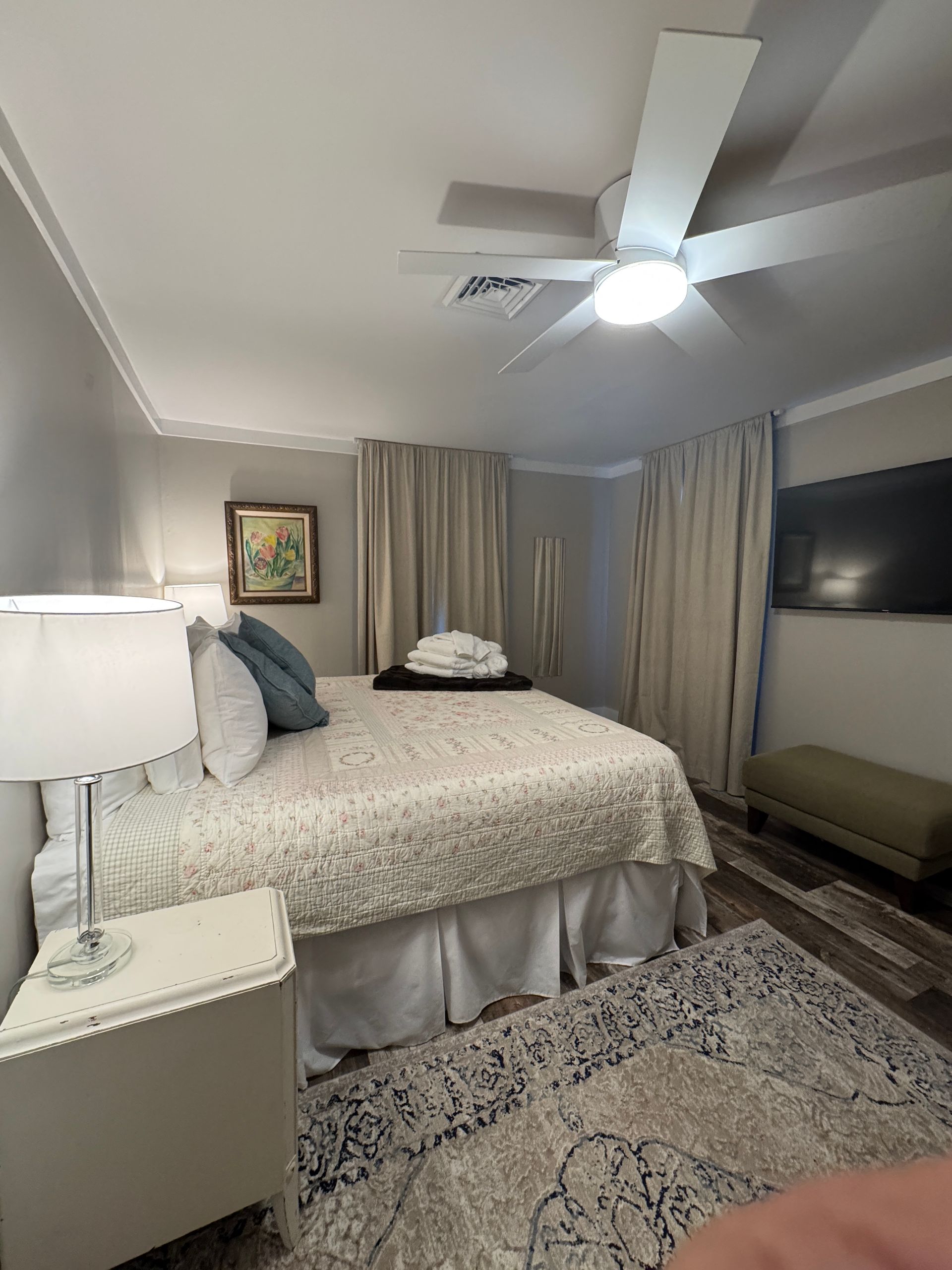 Bedroom with king bed, nightstand, curtains, TV, and area rug. White, beige, and blue colors.