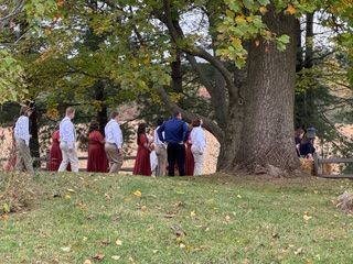 Wedding party gathered under a large tree outdoors; some wear red, white, and tan clothing, grassy area.
