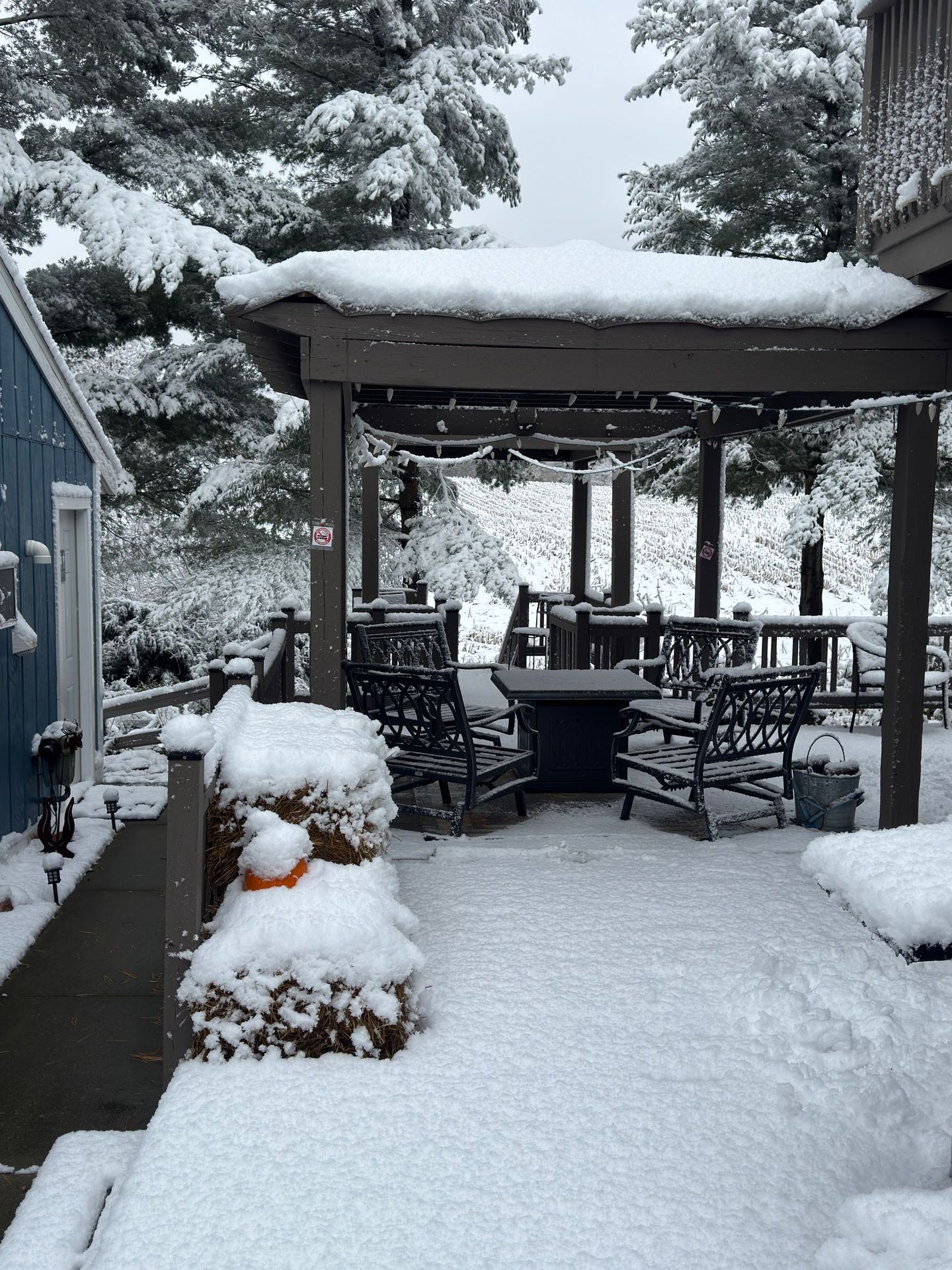 Snow-covered outdoor patio/deck with pergola, chairs, fire pit and table. Snow on bushes and trees.