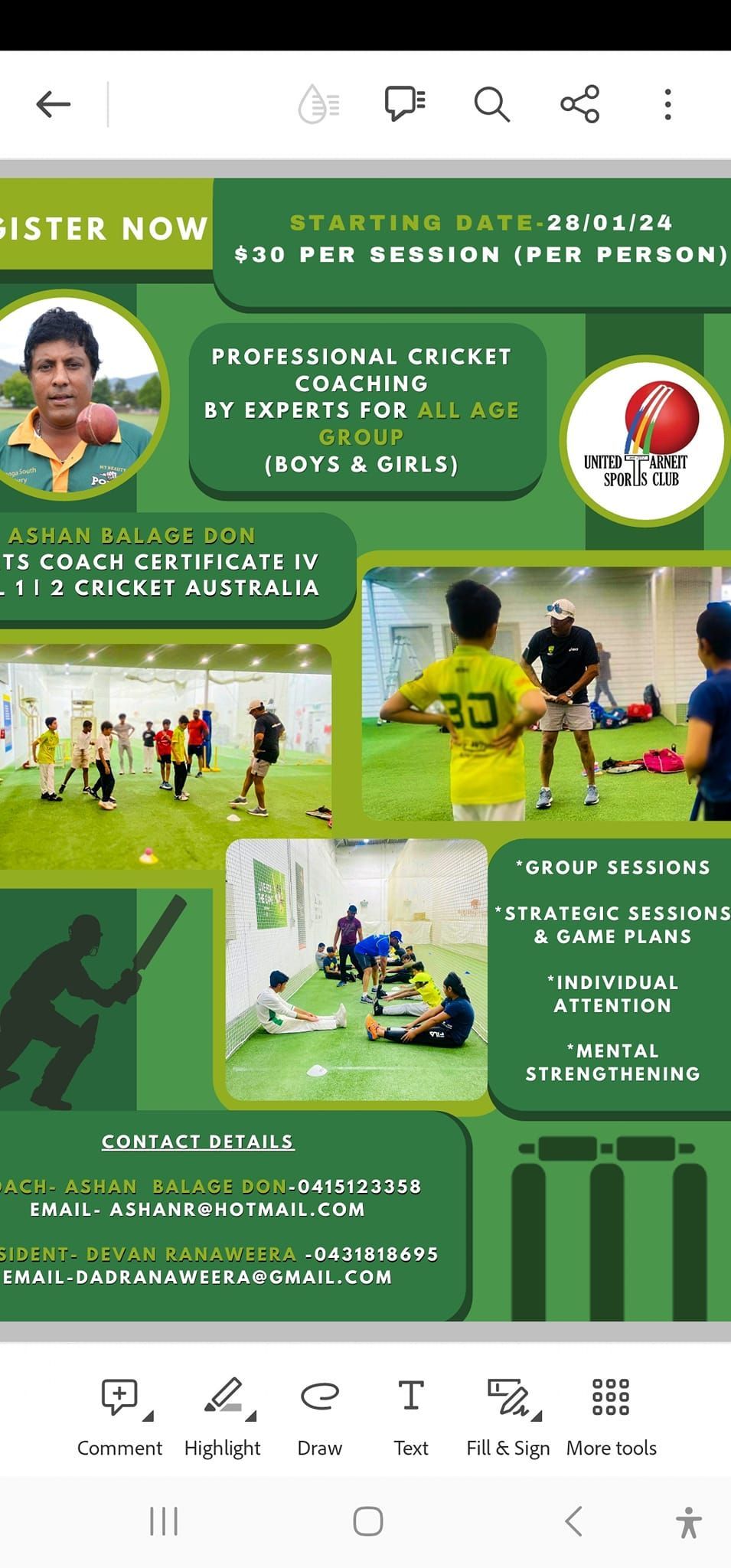 A green cricket coaching flyer with a headshot, photos of players in an indoor cricket facility, and contact details.