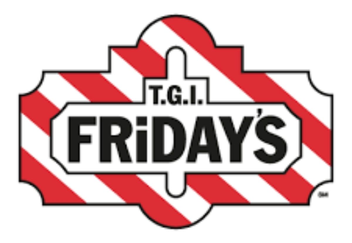 The T.G.I. Friday's logo with red and white diagonal stripes behind a white badge containing the brand name.