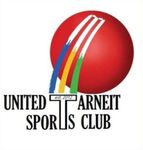 Logo for United Tarneit Sports Club, featuring a red cricket ball with blue, yellow, and green swooshes over a large T.