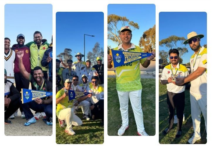 Collage of cricket team members holding championship pennants and trophies on a sunny field.