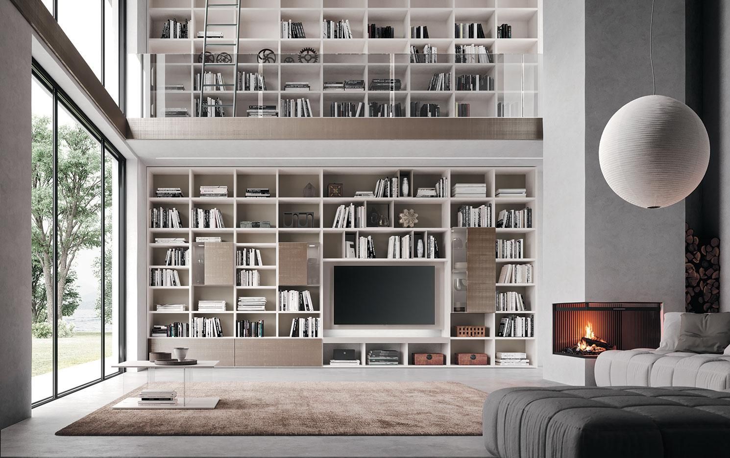 libreria ASTOR MOBILI modello SKYLINE, in laccato e legno impiallacciato