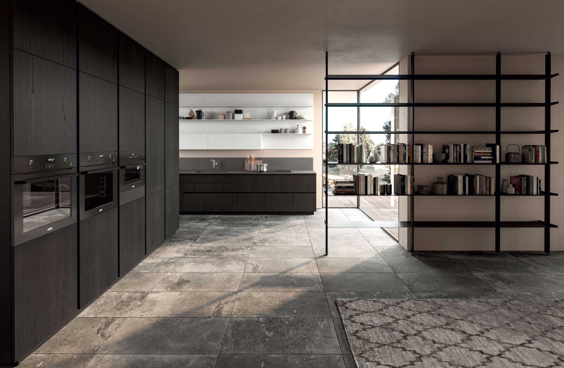 cucina DIBIESSE modello AREA 22 realizzata in legno impiallacciato. a destra libreria TEKA.