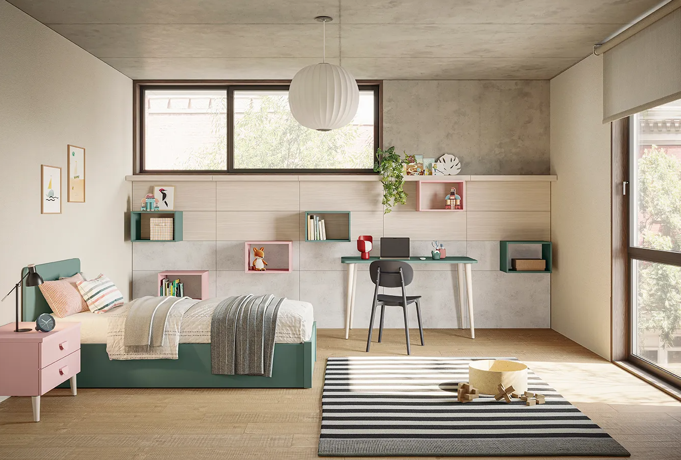 Cameretta COLOMBINI CASA modello GOLF. Letto singolo, parete attrezzata con cubi e scrivania.