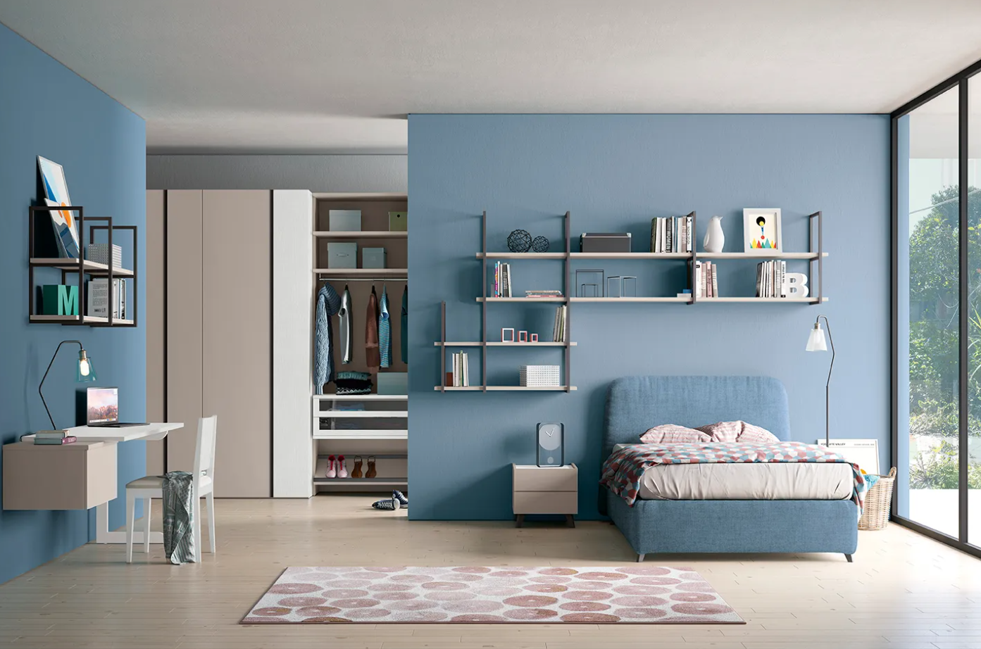 Cameretta COLOMBINI CASA modello GOLF. letto singolo, particolare libreria a muro sospesa.