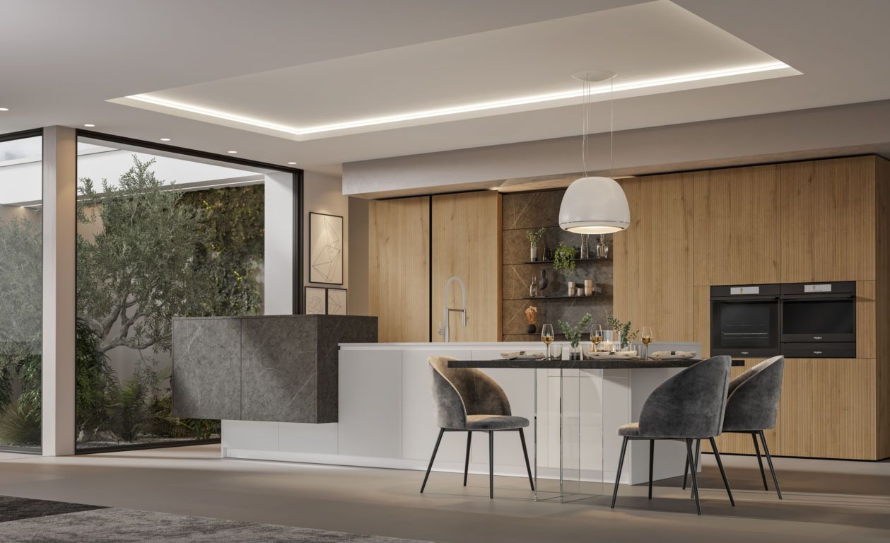 cucina ARREX realizzata in laccato e legno impiallacciato.