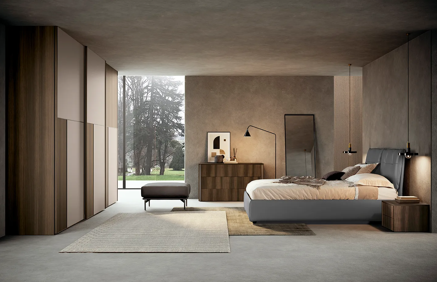 camera COLOMBINI CASA in laminato opaco e materico. letto imbottito in eco pelle