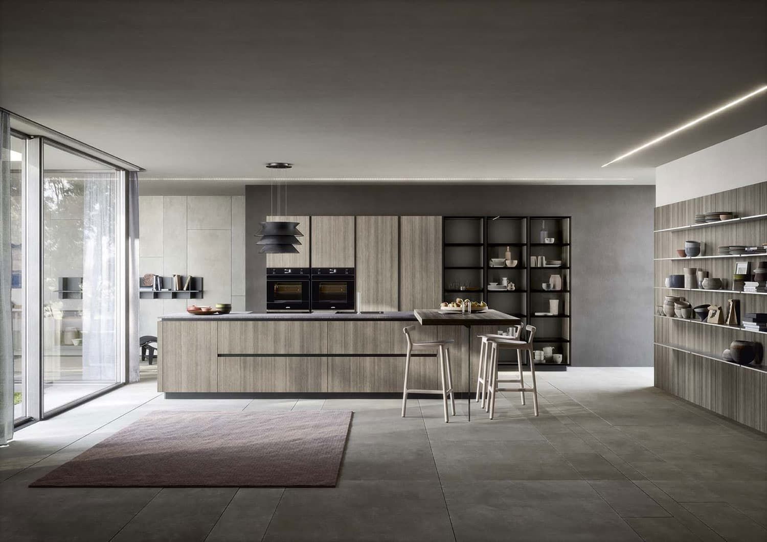 cucina Dibiesse modello Spring Gola. cucina realizzata con colonne a muro e isola centrale. particolare colonne a vetro DOHA.