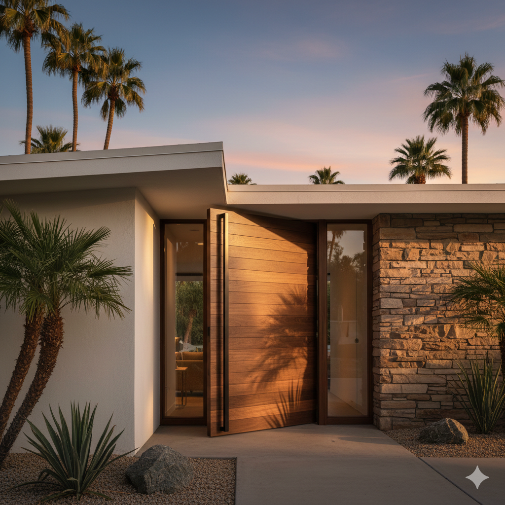 Modern home entrance with a large wooden door open, surrounded by palm trees and stone facade at sunset.