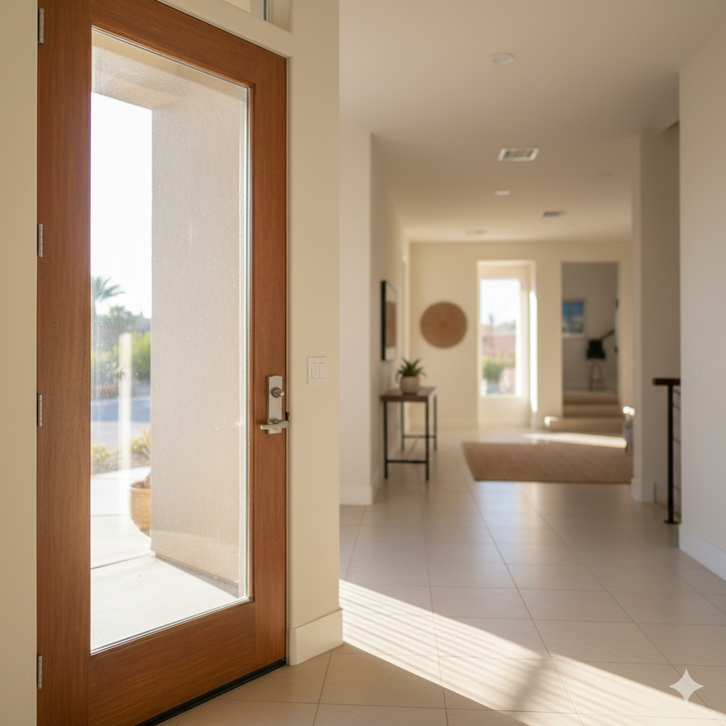 A bright hallway in a home, viewed from the front door. Brown door with glass panel, white walls, and tiled floor.