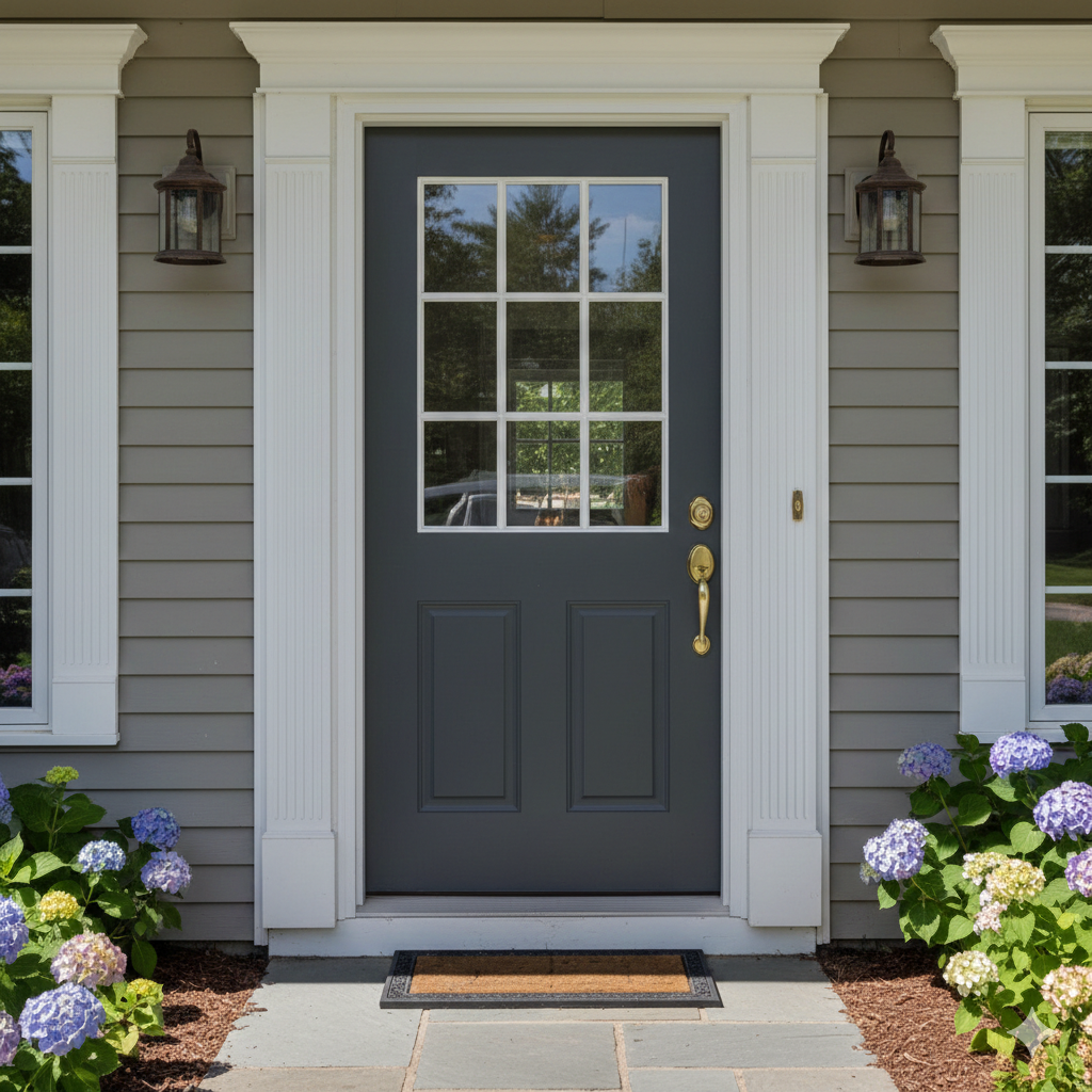 Dark gray front door with white trim, sidelights, and sconces. Blue hydrangeas and brick walkway.