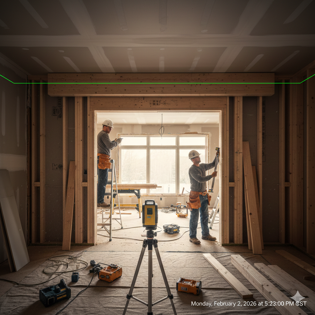 Two construction workers in a room measuring a ceiling with laser level, surrounded by tools and construction materials.