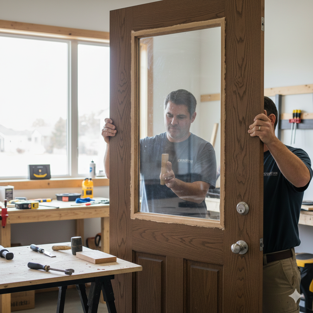 Man installing a wooden door with glass window in a workshop, working with tools.