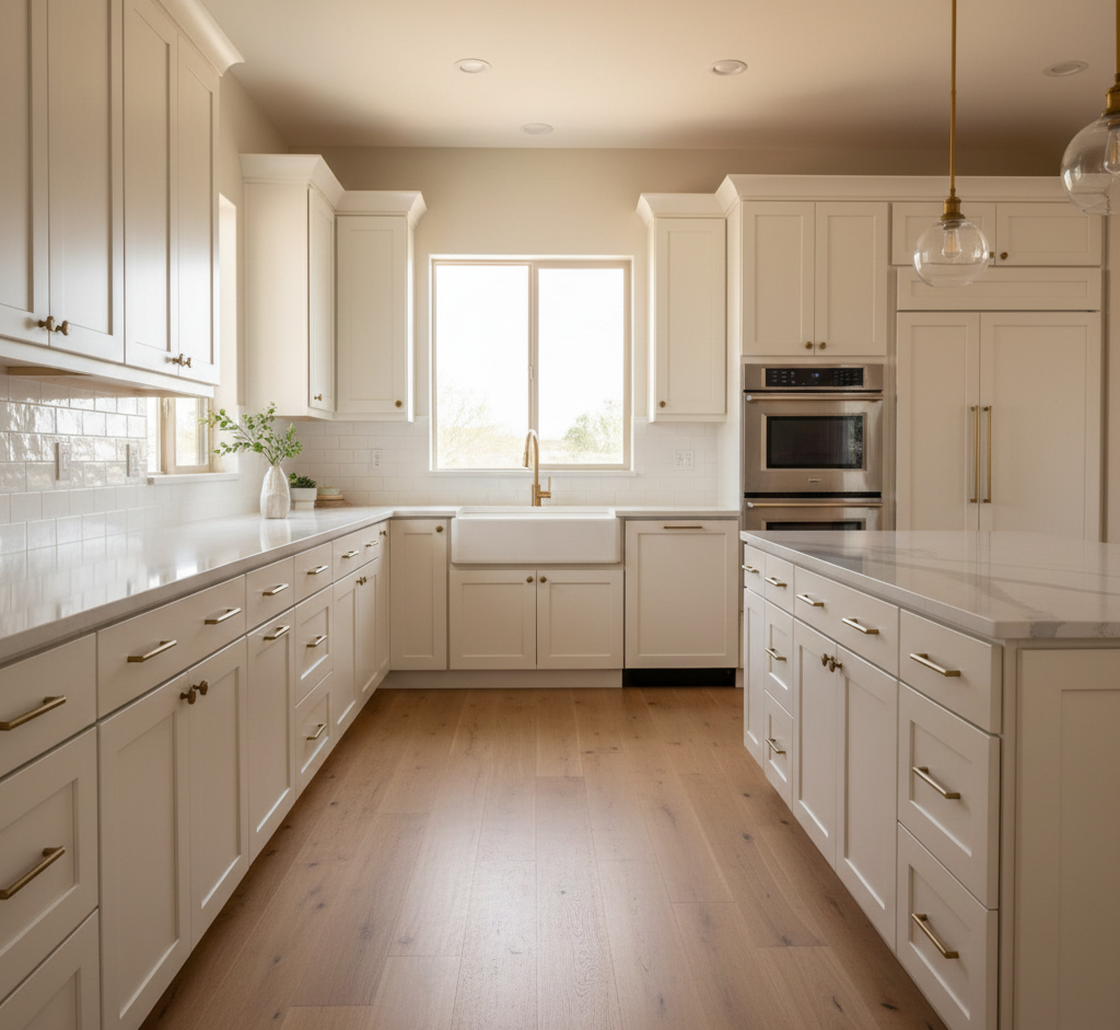 Bright white kitchen with cabinetry, stainless steel appliances, and a central island on wood flooring.