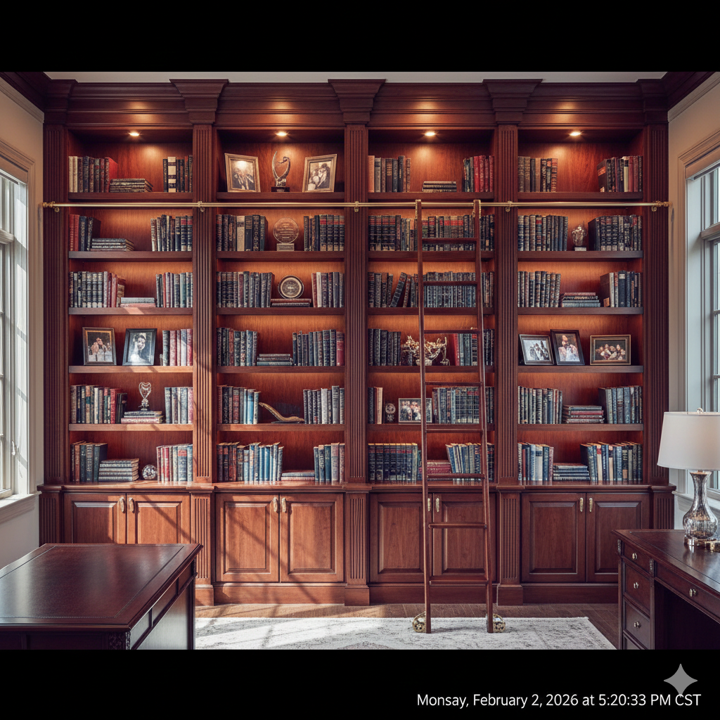 Wooden library with bookshelves, books, ladder, and desk.