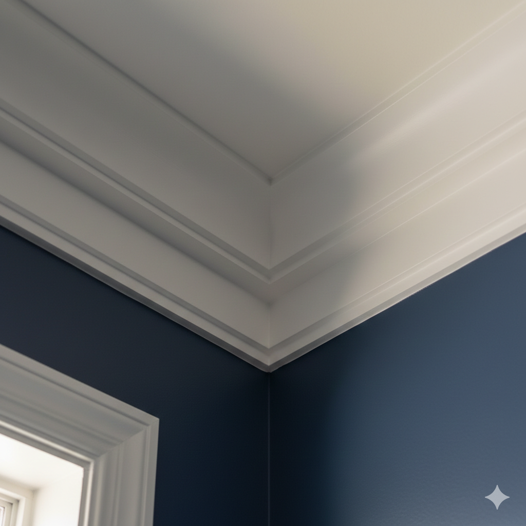 White crown molding at the corner of a room painted dark blue.