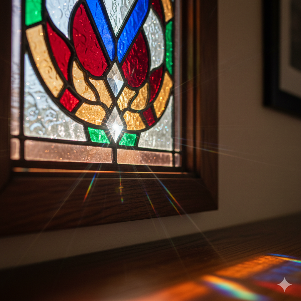 Stained glass window with red, blue, and yellow panes; sunlight creates a rainbow effect on nearby wood surface.