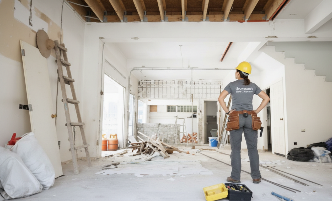 Woman in hard hat and tool belt surveys a room under renovation, with construction debris.