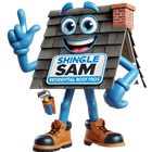 Shingle sam residential roof pros mascot with blue arms and legs