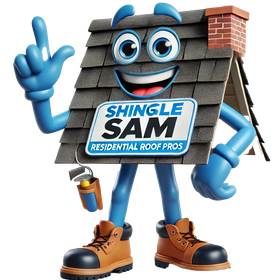Shingle sam residential roof pros mascot with blue arms and legs